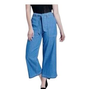 Seven7 Wide Leg Pinstriped Belted Cotton Tencel Blend Cropped Pants Size 8 VGC